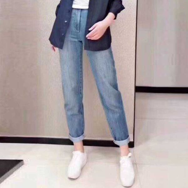 

flagship brand store women's 2021 summer 9-point jeans straight casual daddy pants 11, Blue