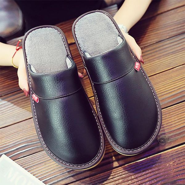 

slippers pu leather home women winter couple waterproof non-slip shoes house fur indoor large size 41-46, Black