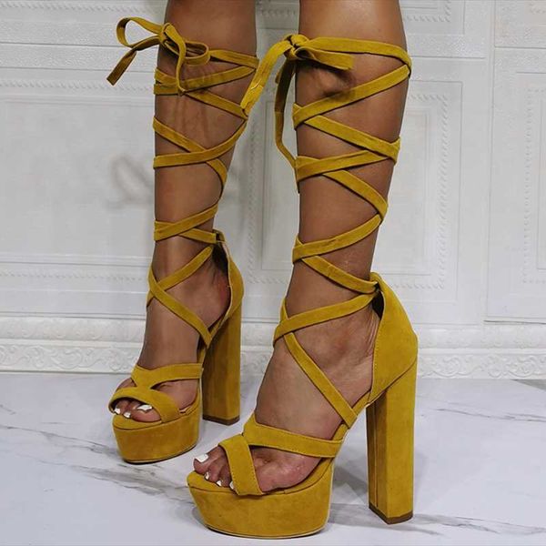 

sandals yellow lace up suede for women thick platform dress shoes square high heel cross strap plus size 47, Black