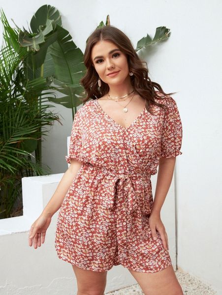 

plus ditsy floral belted romper g56v#, Black