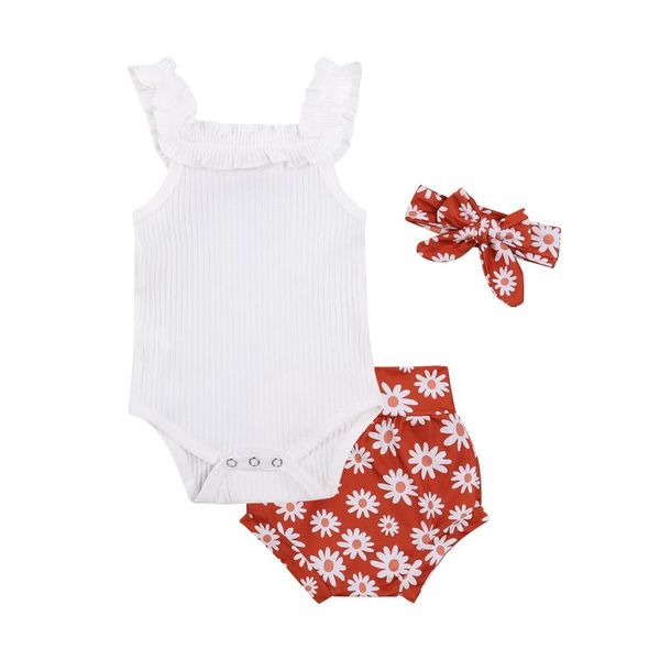 

baby girls clothes set, solid color sleeveless romper+sun/floral print shorts+bow-knot headband clothing sets, White