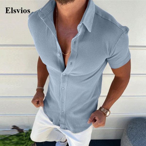

men's casual shirts fashion turn-down button male summer short sleeve cardigan autumn solid plain mens ribbed shirt streetwear, White;black