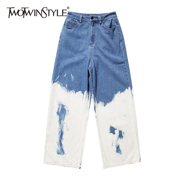 

twotyle casual loose painted women full length jeans high waist hit color asymmetrical denim wide leg pants for female 210922, Blue