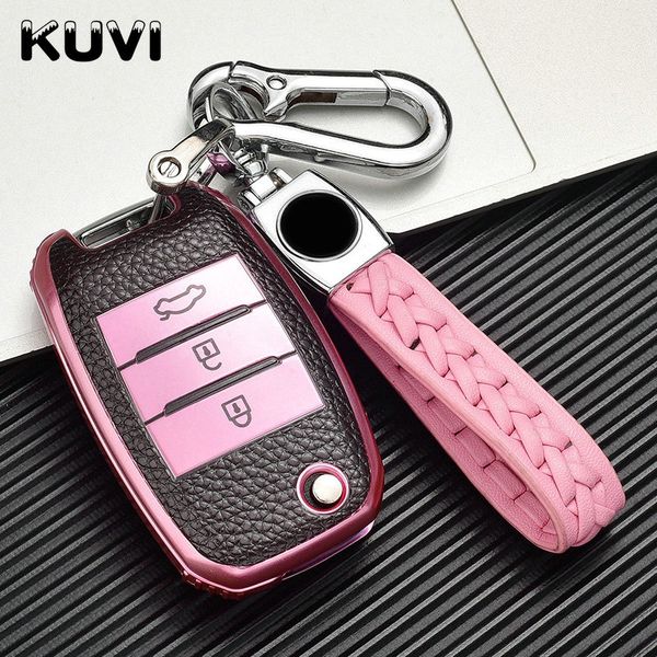 

leather folding car key cover protection for kia sid rio soul sportage ceed sorento ceratok2 k3 k4 k5 remote case keychain