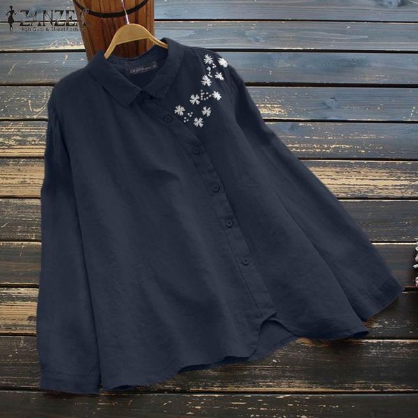 

women's blouses & shirts zanzea summer long sleeve buttons shirt vintage women floral embroidery blouse solid tunic female lapel neck, White