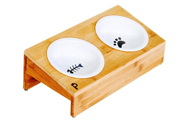 

cat bowls & feeders elevated bamboo pet table with duo ceramic raised/anti-slip tilted station for cats and dogs food/drink products