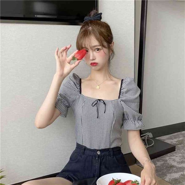 

retro square collar black and white plaid slim slimming puff sleeve dress female japanese cute mini 210520, Black;gray