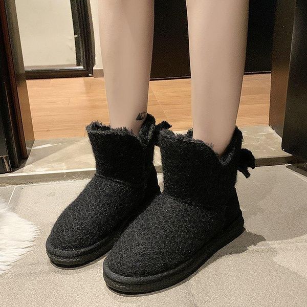 

boots snow short plush keep warm ankle fashion round toe women shoes solid color flat zapatillas mujer 2021, Black