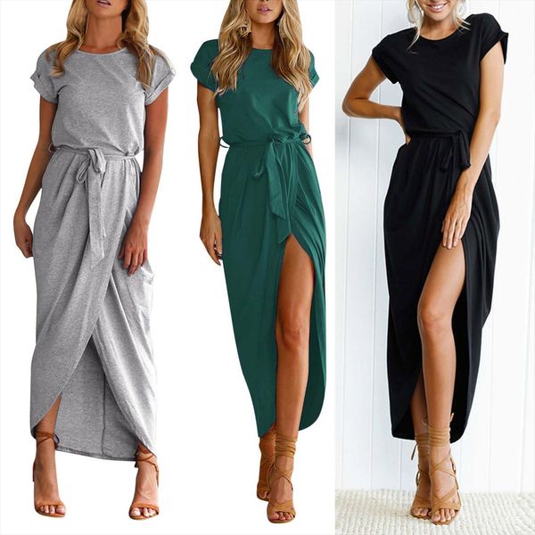 

long solid all womens dresses match fashion short sleeve slim femme summer casual party, Black;gray