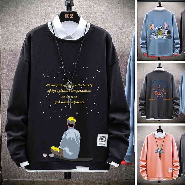 

fake two long sleeve sweater loose casual round neck sweatshirt jacket autumn 2020 korean fashion men's wear, Black