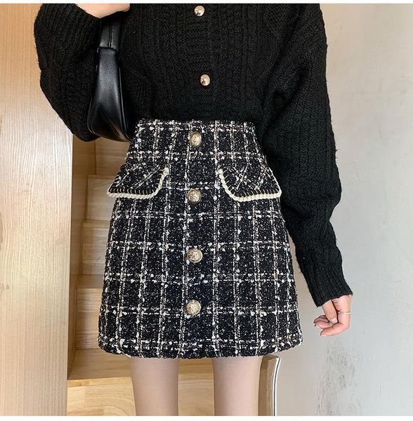 

skirts plaid short skirt women winter autumn pearl double-breasted tweed retro elegant lady pocket high waist mini, Black