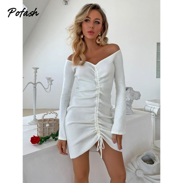 

casual dresses pofash white solid knitted mini women sweater v neck long sleeves drawstring autumn dress ruched slim bodycon, Black;gray