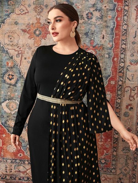 

plus golden dot print pleated slit cuff dress h8mb#, Black
