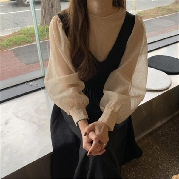 

women's tracksuits autumn wnter two piece set women long sleeve slightly transparent blouses and high waist tank pleated dress 2 sets, Gray