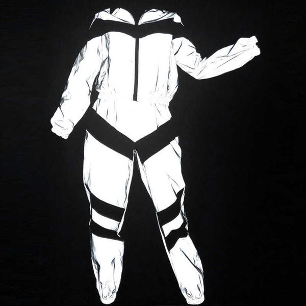 

spring harajuku women patchwork streetwear tracksuit 2 piece set hip hop reflective jacket pants female sporty coat joggers 210531, White