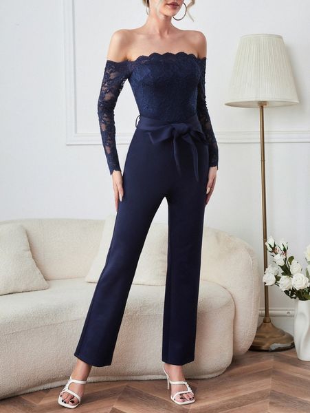 

off shoulder lace paneled self belted jumpsuit j6kr#, White