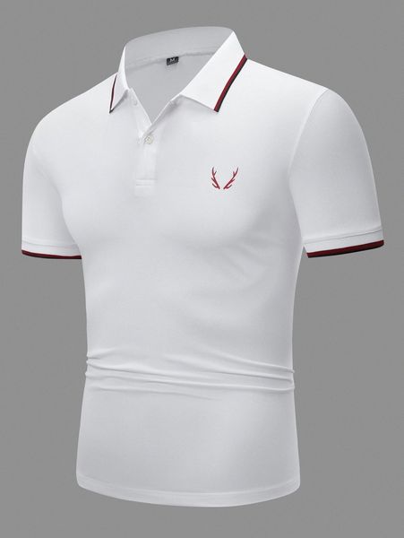 

men striped trim antler print polo shirt c48y#, White;black