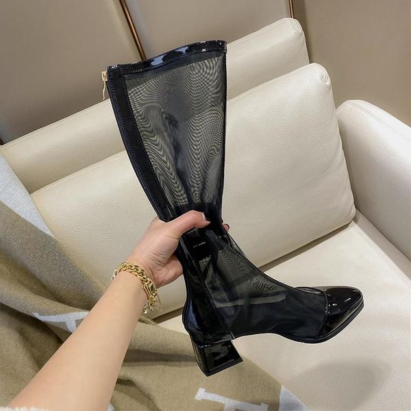 

boots brand design round toe knee high women fashion mesh leather thick heel long 2021 winter shoes black