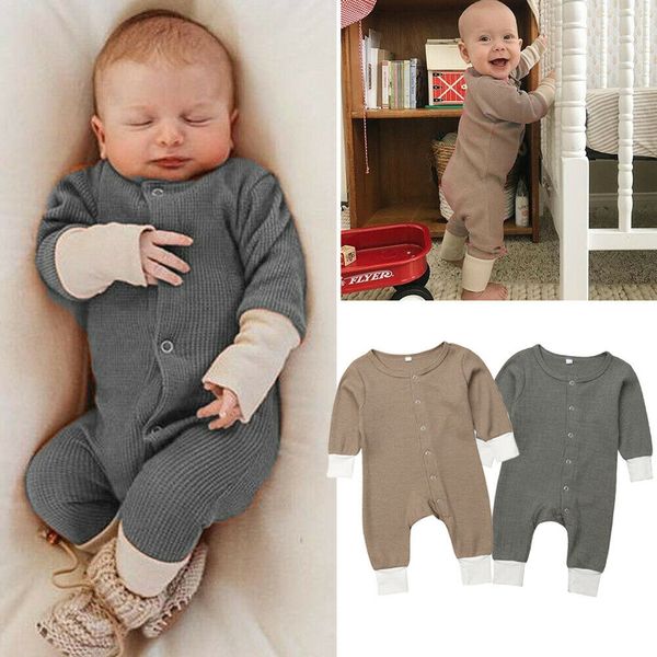 

3-18m newborn baby boy girls one-piece jumpsuit long sleeve single breasted romper solid playsuit outfit, White