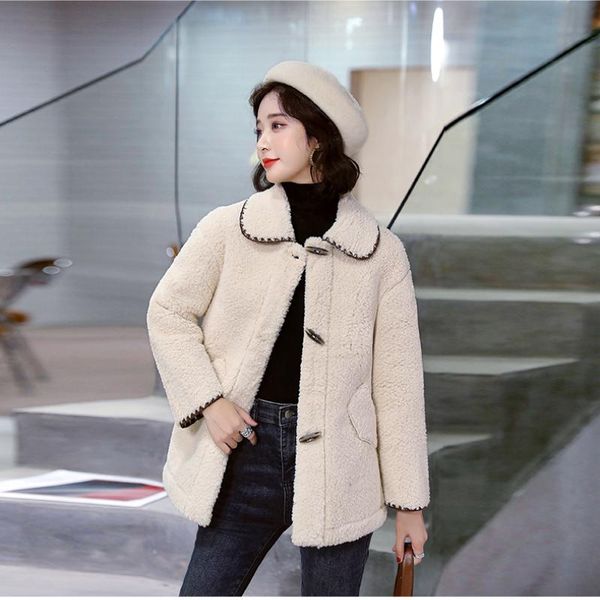 

women's fur & faux hairy coat women 2021 autumn winter plush jacket female horn button loose outerwear chaqueta mujer, Black