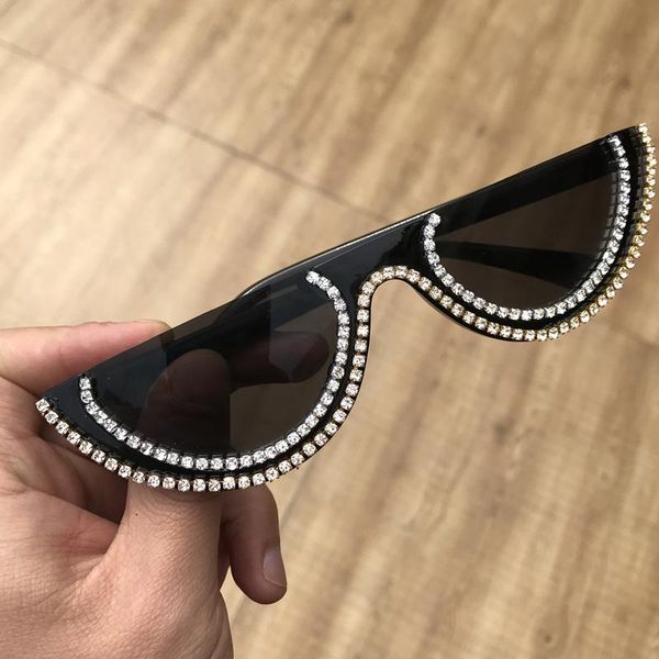 

fashion designer half round frame women sunglasses black white colors diamond eyewear uv400 bling gafas de sol, White;black