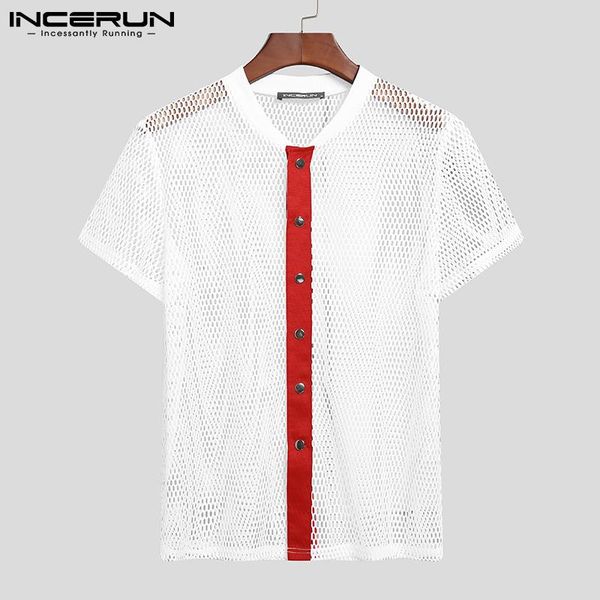 

men's casual shirts men mesh shirt see through patchwork streetwear short sleeve 2021 clothing button party nightclub camisas s-5xl, White;black