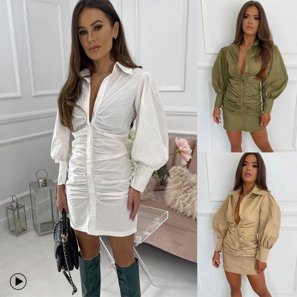 

casual dresses ladies short shirt dress, summer women temperament solid color puff long sleeve lapel single-breasted ruched slim skirt, Black;gray