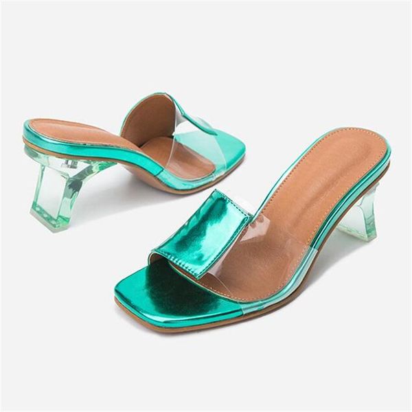 

slippers clear perspex crystal heel women summer fashion pvc patchwork transparent peep toe mules 7cm square high shoes, Black