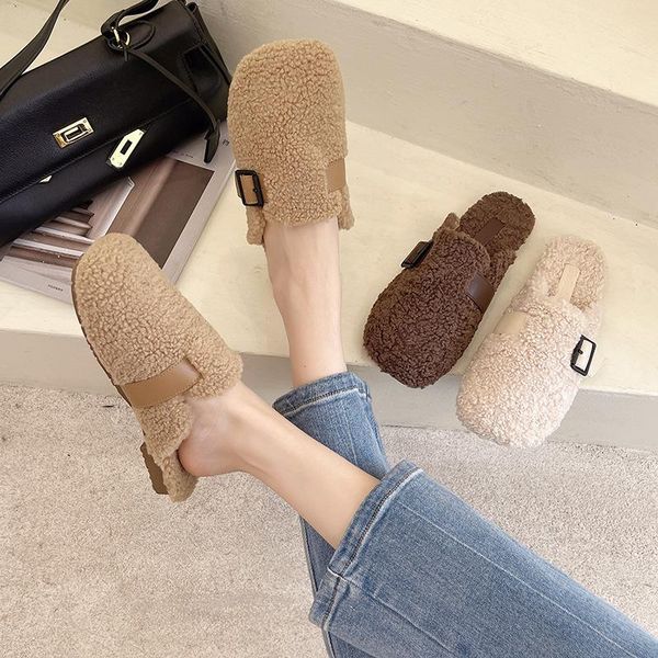 

slippers cover toe loafers shoes woman 2021 plush for adults low pantofle fur flat basic rubber hoof heels slides autumn fab, Black
