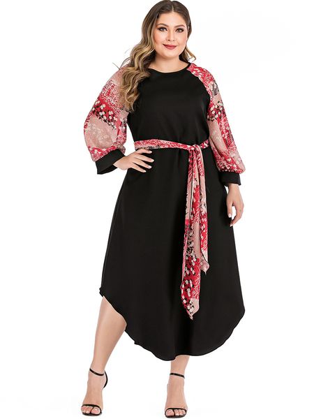 

plus size dresses hy89350# large color contrast stitching long sleeve