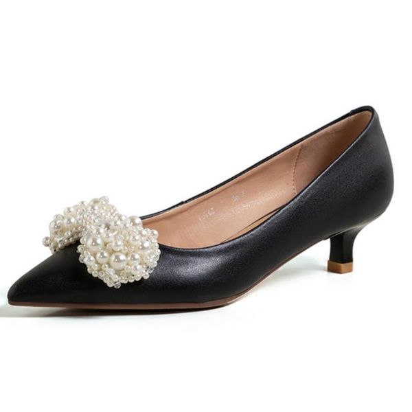 

spring shoes for women pearl bowties 4cm med heels pumps female genuine leather poined toe wedding dress, Black