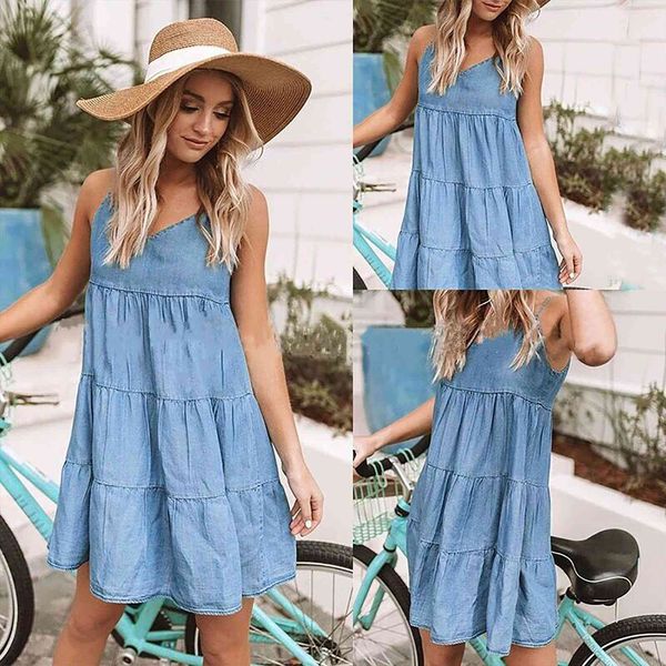 

casual denim halter women dress v neck zipper lladies blue solid color loose cute cake sukienka letnia, Black;gray