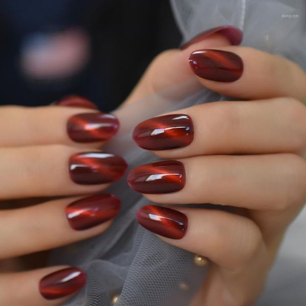 

glossy 3d cat eyes effect red false nails press on full cover chameleon manicure fake nail tips 24pc daily finger wear nails1, Red;gold