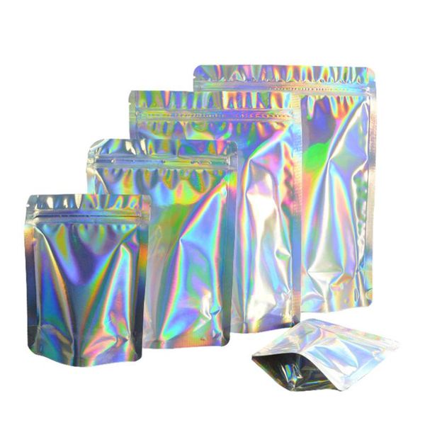 

storage bags 100pcs/lot stand up pouches laser mylar foil self seal bag tear notch zipper coffee bean nuts packaging
