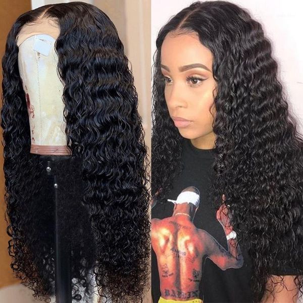 

deep wave wig curly lace front human hair wigs transparent frontal t part brazilian fronta wig1, Black;brown