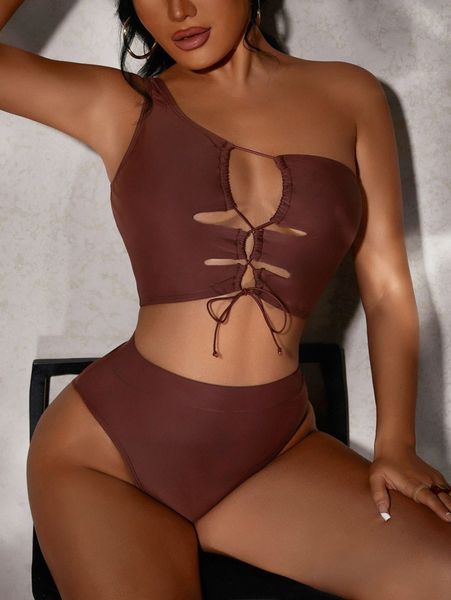 

sxy lace up one shoulder high waisted bikini swimsuit q2x3#, White;black