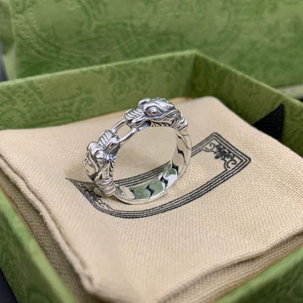 

925 sterling sier new interlocking tiger head ring men and women couple luxury brand ring retro hip hop fashion charm jewelry, Silver