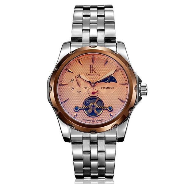 

wristwatches ik automatic winding mechanical men's watch sun moon 24 hours tourbillon colored glass casual simple fashion reoljes, Slivery;brown