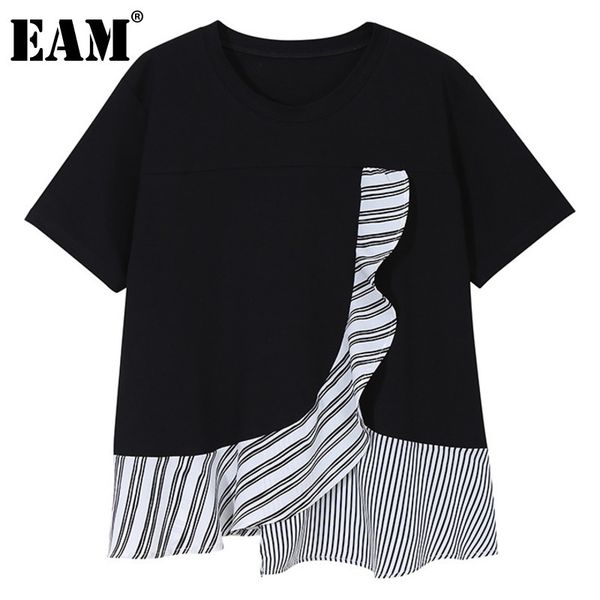 

[eam] women black big size striped irregular t-shirt round neck short sleeve fashion spring summer 1dd6511 21512, White