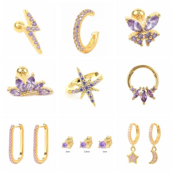 

stud 925 sterling silver earring korean romantic purple zircon for valentine's day crystal jewerly piercing pendientes, Golden;silver