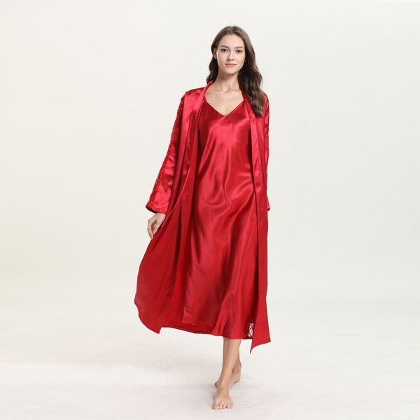

imitation womens silk hanging skirt two piece bathrobes pajamas housewear, Black;red
