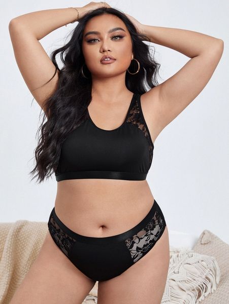 

plus contrast lace lingerie set d09y#, Black;white