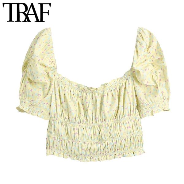 

women fashion with elastic trims print cropped blouses vintage square collar short sleeve female shirts chic 210507, White