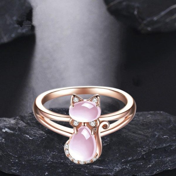 

fashion rose gold pink cat ring, lovely temperament lady inlaid crystal ring rings for women jewelry whole sale cluster, Golden;silver