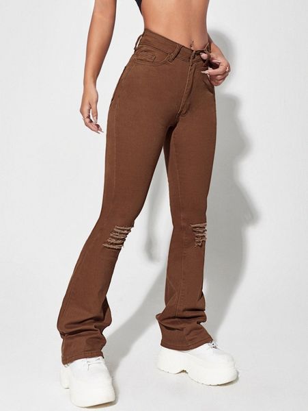 

solid ripped flare leg jeans u820#, Blue
