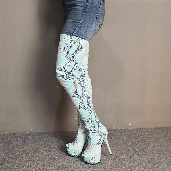 

boots platform python snake skin print thigh high heel botas ladies overknee motorcycle stiletto long botines shoes woman, Black