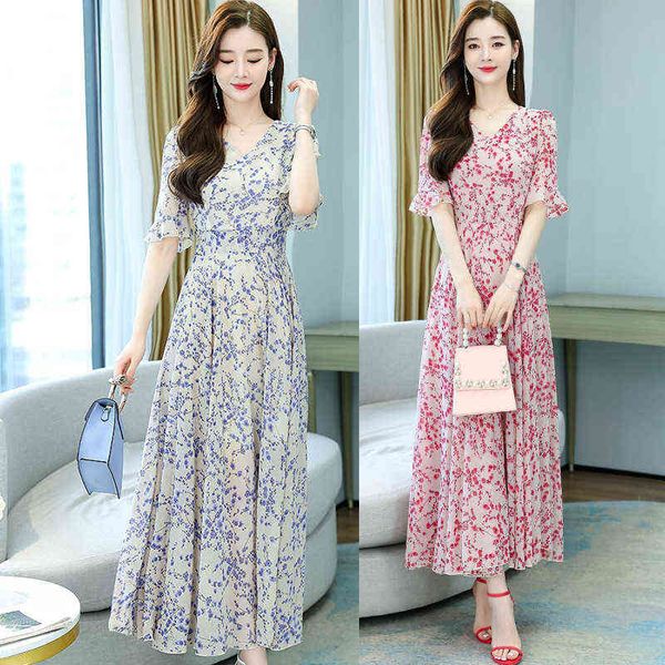 

woman casual dresses v-neck chiffon dresses ruffle sleev close waist thin women's summer 2022 style beach skirt, Black;gray