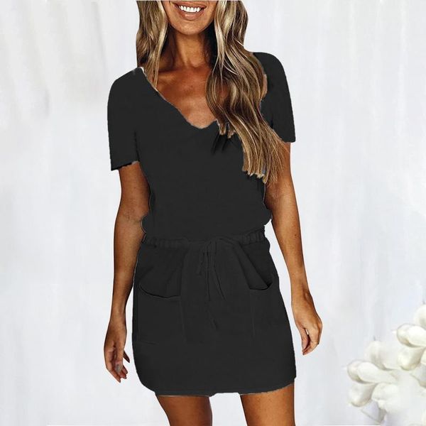 

casual dresses summer short sleeve strap women's dress fashion v-neck open back solid mini spaghetti vestidos robe, Black;gray