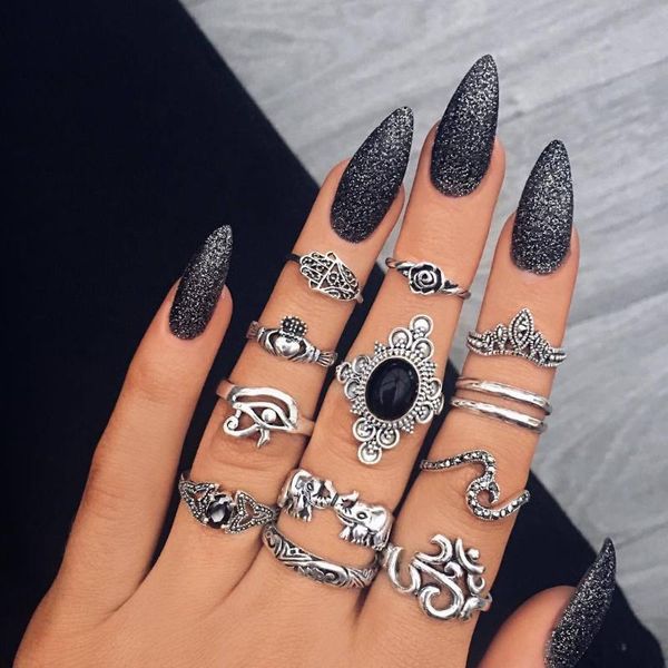 

cluster rings 13 pcs/set elephant fatima hand flower leaves bohemian hollow lotus gem silver ring set women wedding party jewely gifts, Golden;silver