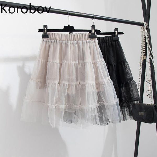 

skirts korobov women mini korean mesh a-line skirt vintage high waist elegant 2021 summer faldas mujer, Black